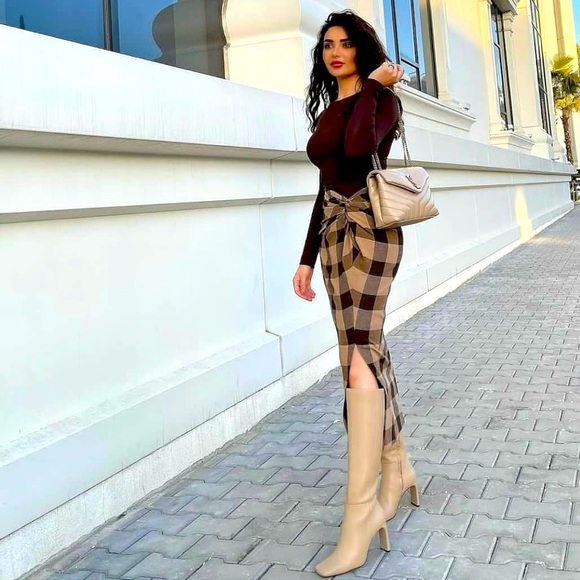 Zara Plaid Wrap Skirt with Thigh Split Black Tan